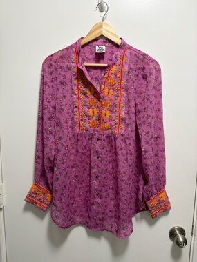 Ivy Jane Colorful Peasant Embroidered Button Up Blouse Women’s Size Small